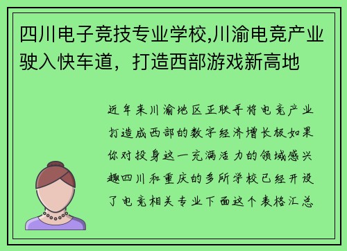 四川电子竞技专业学校,川渝电竞产业驶入快车道，打造西部游戏新高地